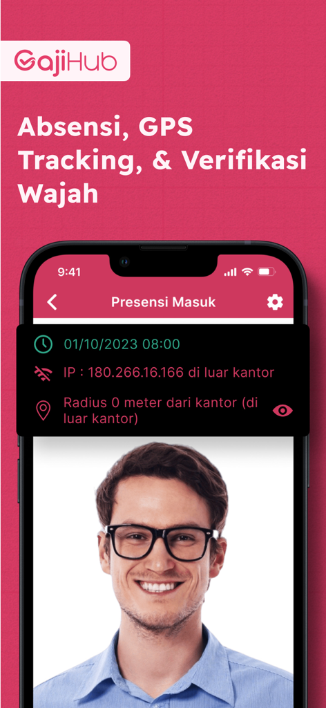 직원 출퇴근 기록을 위한 얼굴 인증 및 GPS 위치 추적을 보여주는 GajiHub 앱 인터페이스.