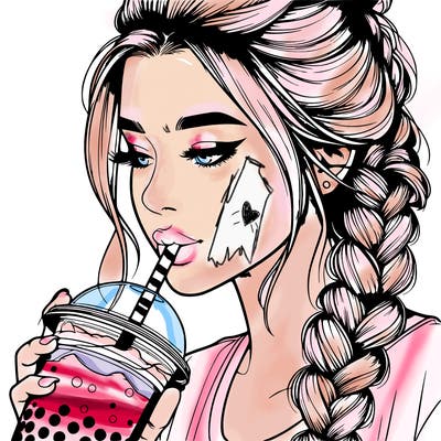 realistic girl drinking boba tea with braided hair