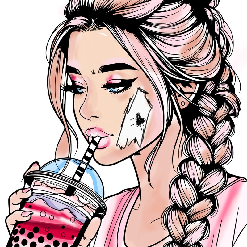 realistic girl drinking boba tea with braided hair