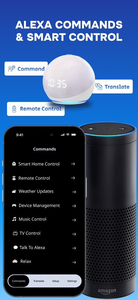 Interface do aplicativo Smart Alexa Echo Commands em uma tela de smartphone mostrando várias opções de controle de casa conectada ao lado de alto-falantes Amazon Echo