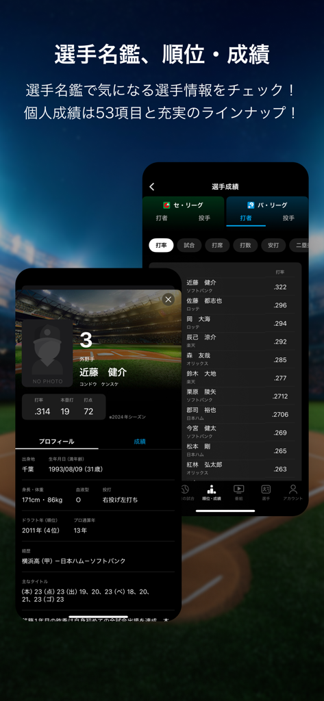 スカパー！プロ野球セットアプリ - Telas do aplicativo móvel mostrando perfis de jogadores de beisebol profissionais japoneses e estatísticas detalhadas da liga.