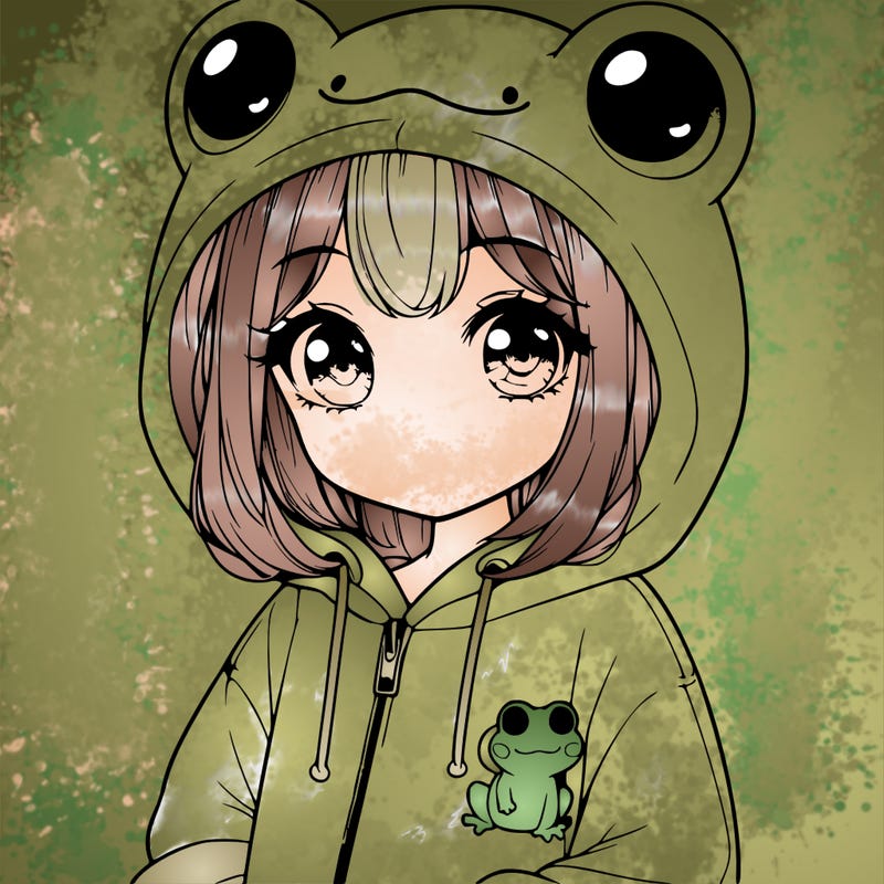 cute realistic girl in a froggy hoodie