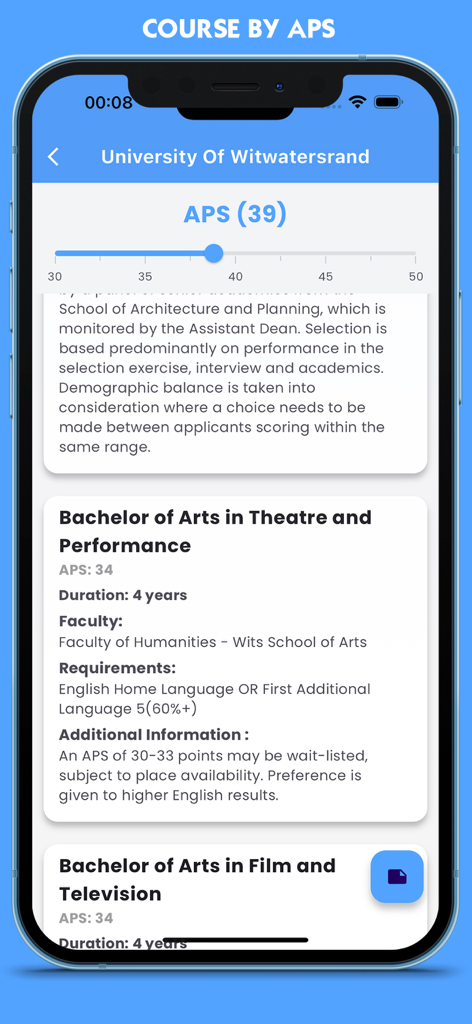 University Qualifications - Mobile screen showing Bachelor of Arts course requirements at the University of Witwatersrand filtered by an APS score of 39