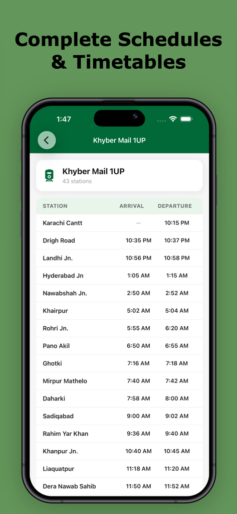 Track Train Live - Pakistan - Pakistan Railway train schedule screen showing arrival and departure times for Khyber Mail