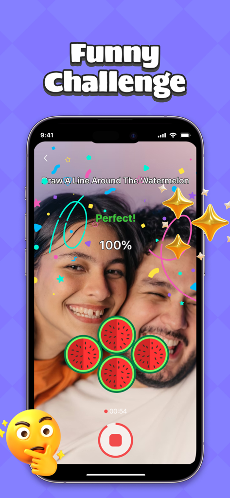 Watermelon Draw Challenge mobile app camera filter showing a perfect score and confetti