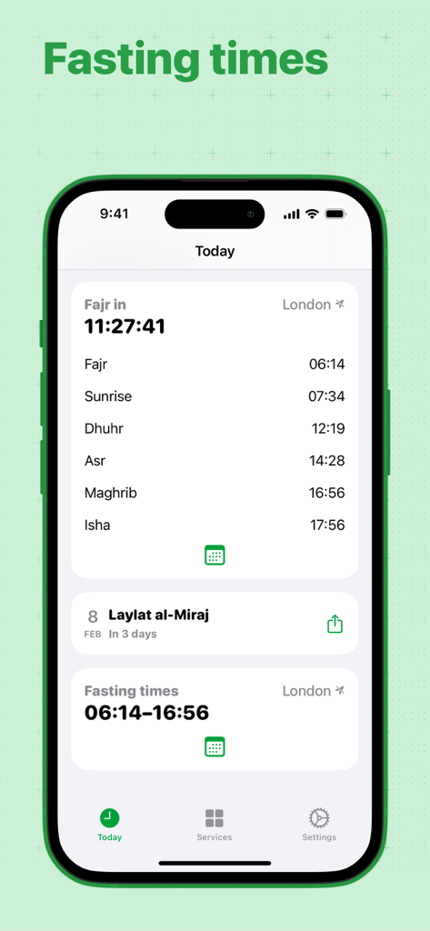Interface of the Ramadan 2026 app displaying prayer times and daily fasting schedule