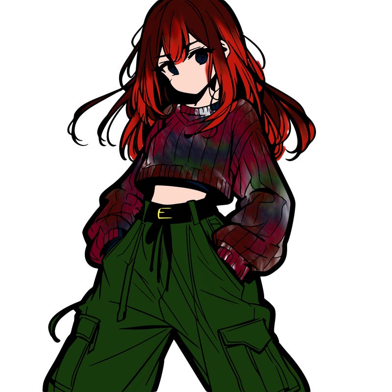 anime teen girl with baggy pants and crop top with sweater