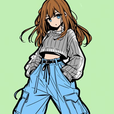 anime teen girl with baggy pants and crop top with sweater