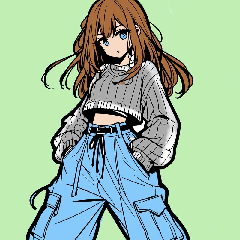 anime teen girl with baggy pants and crop top with sweater