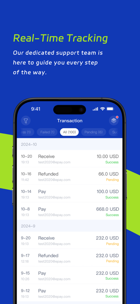 Interfaz de la aplicación Epay Wallet mostrando un historial detallado de transacciones con seguimiento en tiempo real de las transferencias de dinero.