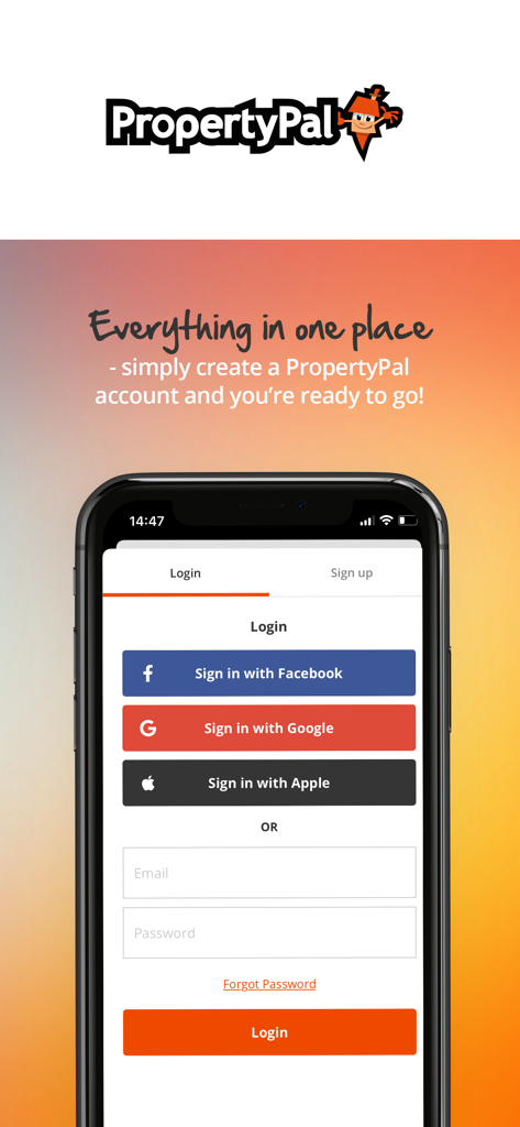 PropertyPal - PropertyPal mobile app login screen showing social sign in options and email fields