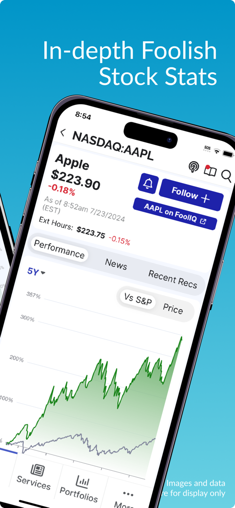 The Motley Fool - The Motley Fool app displaying a five-year performance chart for Apple stock