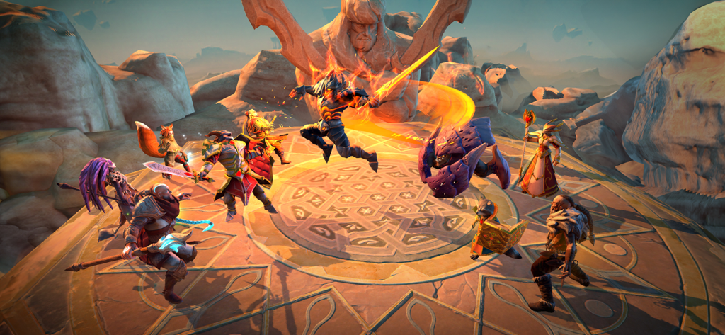 Group of legendary heroes in a tactical turn based battle arena