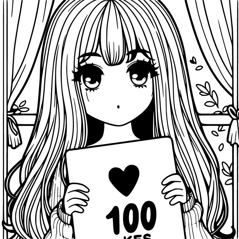 a girl with long hair and curtain bangs holding a 100 likes sign