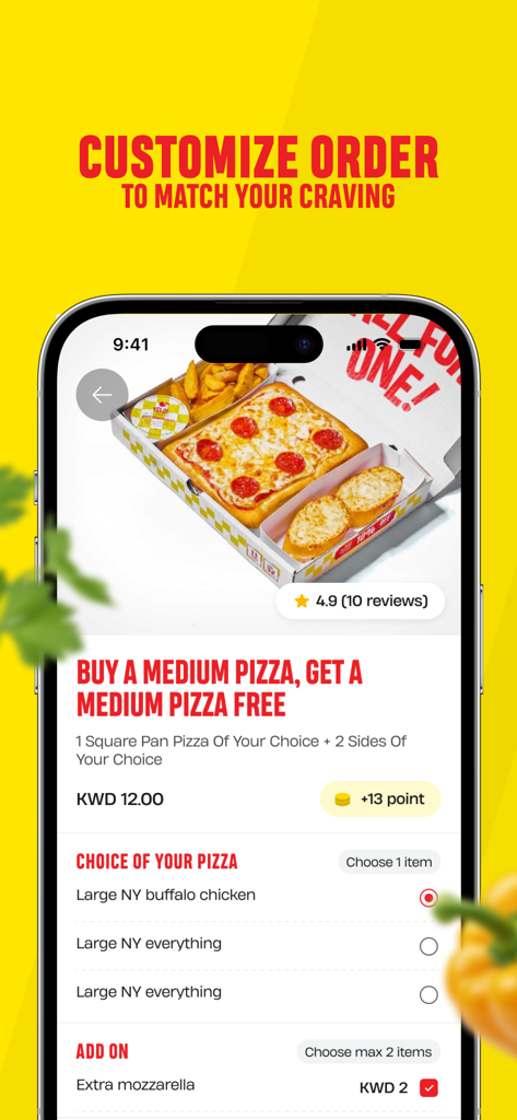 Yelo Pizza - Interfaz de la aplicación móvil Yelo Pizza que muestra una pantalla de personalización de pizza con una oferta de compra uno y llévate otro gratis.