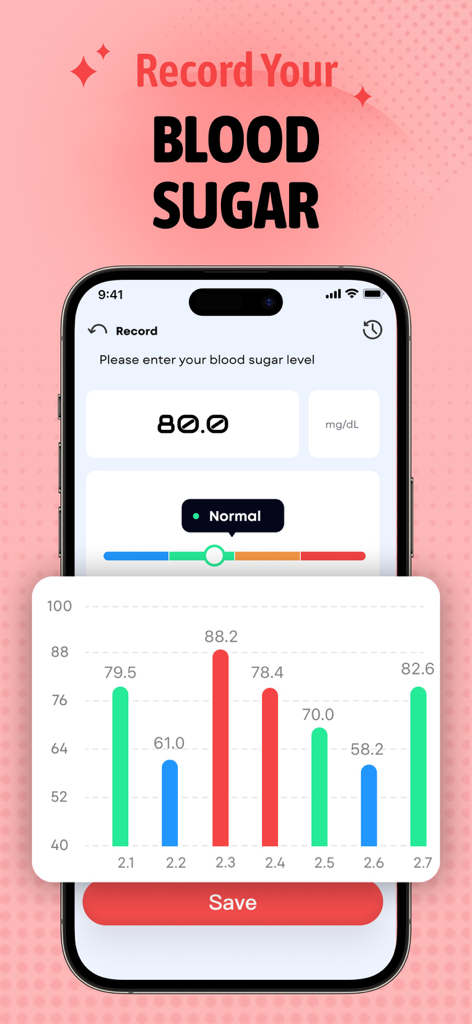 Daily Health-pulse heart track - Interfaz de la aplicación Daily Health para registrar niveles de azúcar en sangre, con un gráfico de barras de datos y un indicador de estado normal.