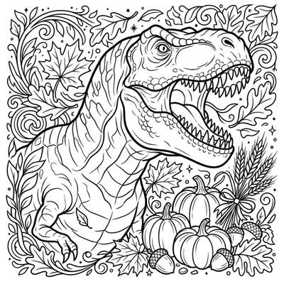Get ready for a unique coloring adventure with this T-Rex amidst a vibrant autumn scene. This page perfectly blends prehistoric power with the cozy charm of fall harvest, featuring detailed leaves and pumpkins.