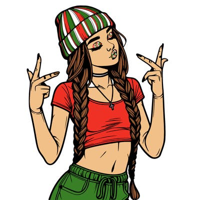 realistic teenage girl with braids and a beanie and crop top doing 🫶🏼