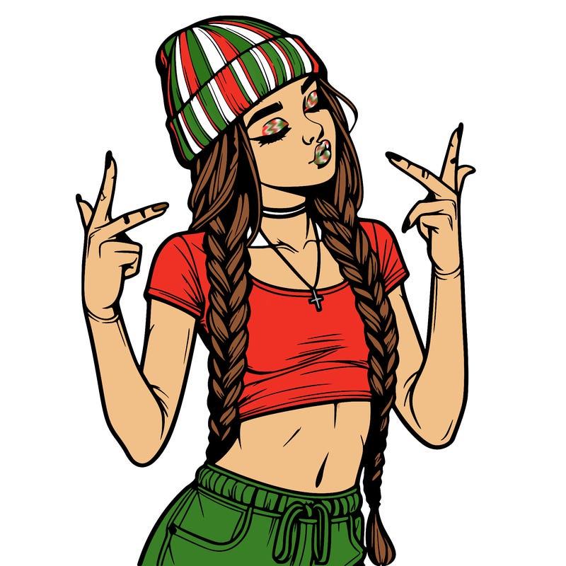 realistic teenage girl with braids and a beanie and crop top doing 🫶🏼