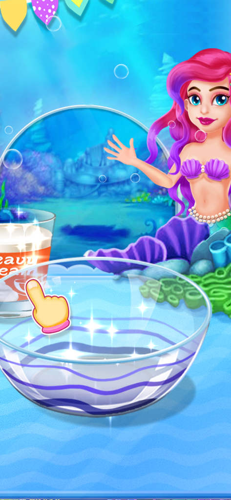 Mermaid Ice Cream - A mermaid princess character stands next to a mixing bowl and heavy cream in an undersea kitchen