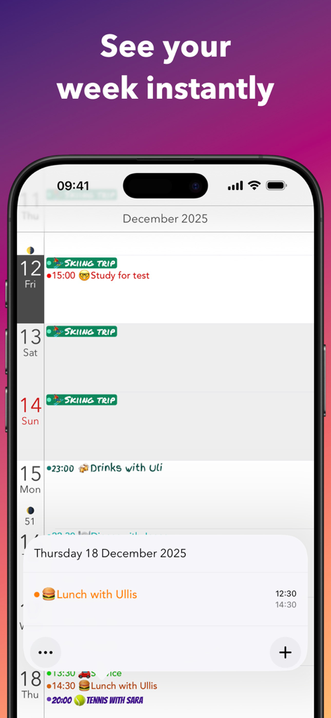 Wöchentliche Zeitleistenansicht in der Calendar Plus App mit bunten personalisierten Ereignissen und Emojis