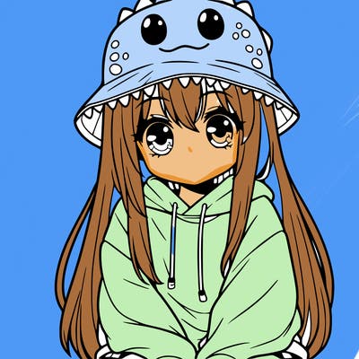 girl with anime shaped eyes with a dinosaur bucket hat oversized sweatshirt long straight hair