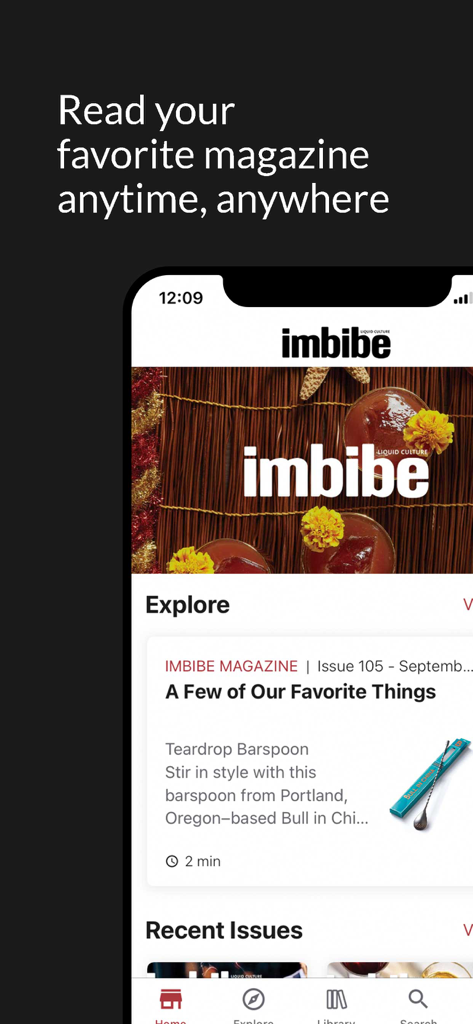 Imbibe Magazine app interface displaying the explore feed and featured drink culture articles.