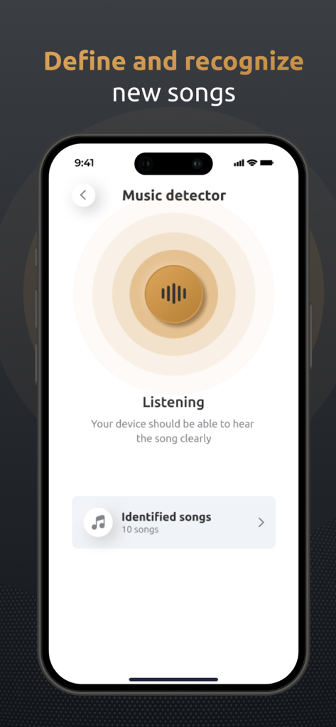 Smartphone-Bildschirm, der die Musikerkennungsfunktion der Lautsprecher-Controller-App zeigt