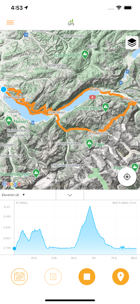 Bike Tracker app interface showing a GPS cycling route on a map and an elevation profile chart