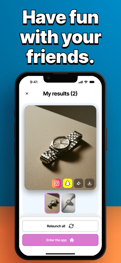 Pantalla de resultados de la aplicación Chistes Flicksy mostrando una foto editada de un reloj con opciones para compartir en Instagram y Snapchat.