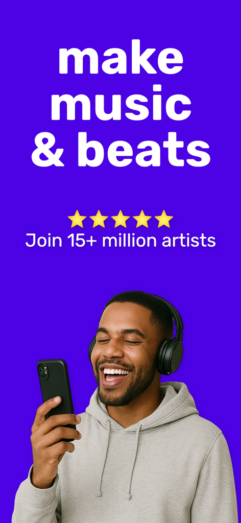Rapchat - Music Maker & Beats - Un hombre con auriculares sosteniendo un teléfono sobre un fondo morado con el texto "make music and beats".