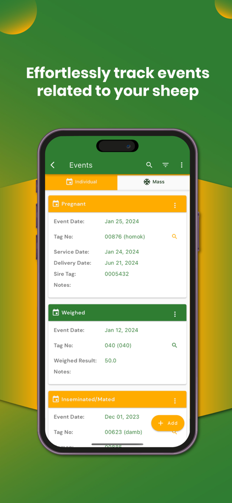 My Sheep Manager - Farming app - My Sheep Manager app interface showing tracked events like pregnancy and weight for individual sheep