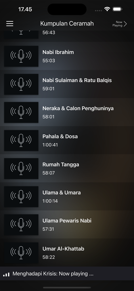 A list of Islamic audio lectures by KH Zainuddin MZ on a mobile interface featuring titles and playback durations.