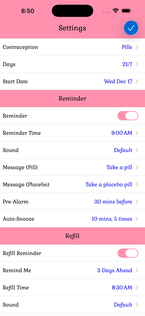 Birth Control Pill Reminder - Settings page for birth control reminders and refill alerts