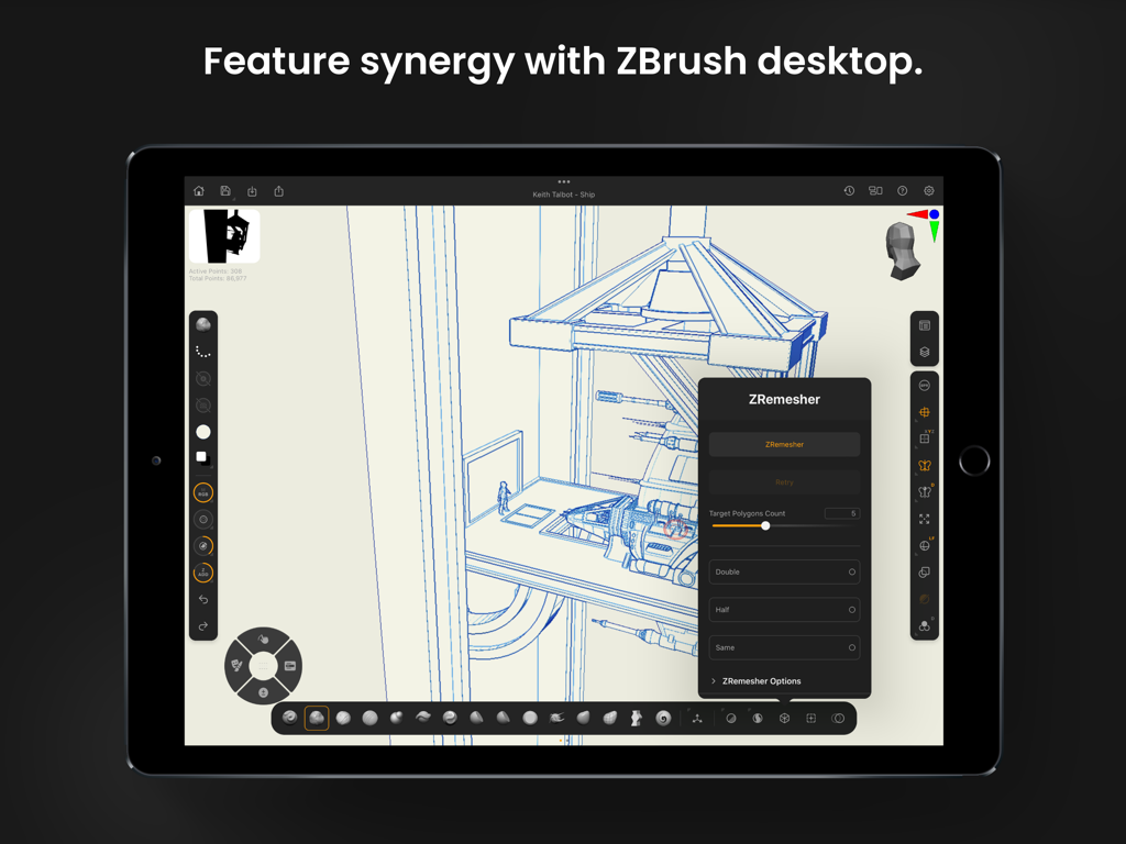 Interface do ZBrush para iPad mostrando as opções da ferramenta ZRemesher e um modelo mecânico 3D em wireframe
