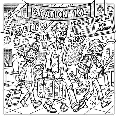 Get ready for an undead adventure with this unique Pop Art zombie vacation coloring page. Watch as our favorite reanimated friends shamble through the airport, ready for some ghastly global exploration!