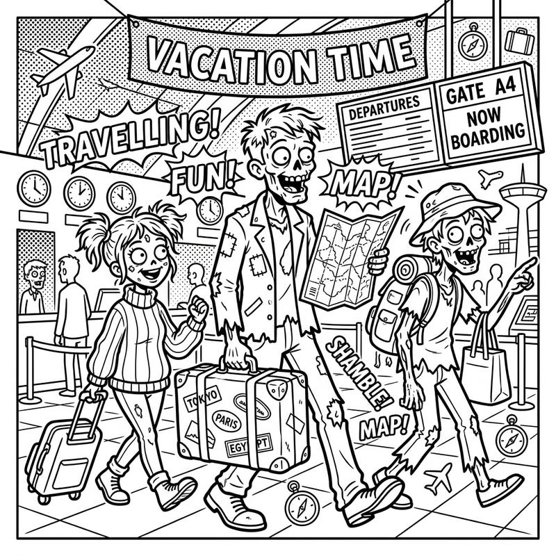 Get ready for an undead adventure with this unique Pop Art zombie vacation coloring page. Watch as our favorite reanimated friends shamble through the airport, ready for some ghastly global exploration!