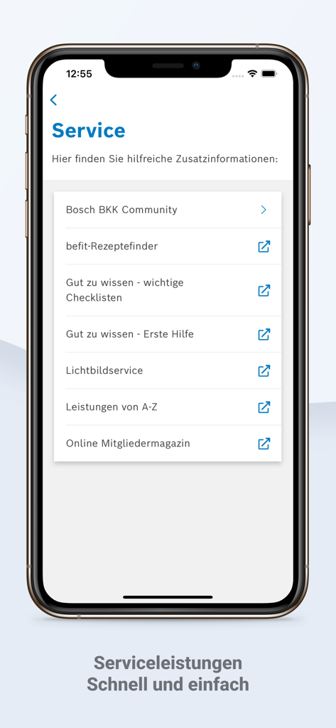 Smartphone screen displaying the Bosch BKK app service menu with options for health recipes, first aid tips, and member checklists.