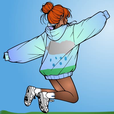 realistic girl jumping with a bun and oversized sweatshirt