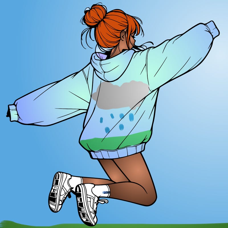 realistic girl jumping with a bun and oversized sweatshirt
