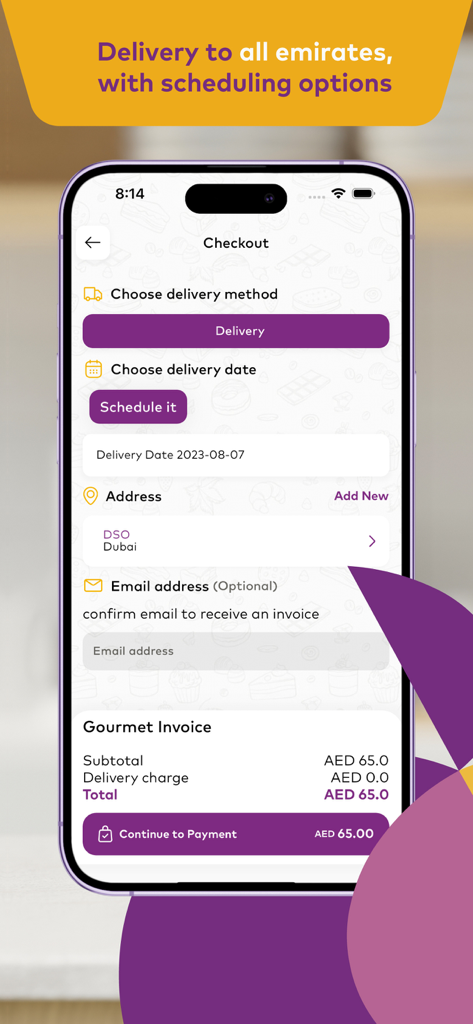 Santra سنطره - Checkout screen on the Santra app showing delivery scheduling and gourmet invoice summary.