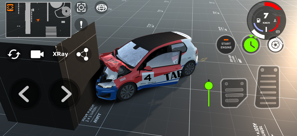 DriveCSX Car Crash Simulator - A hatchback car showing realistic front-end damage after crashing into a wall in DriveCSX Car Crash Simulator