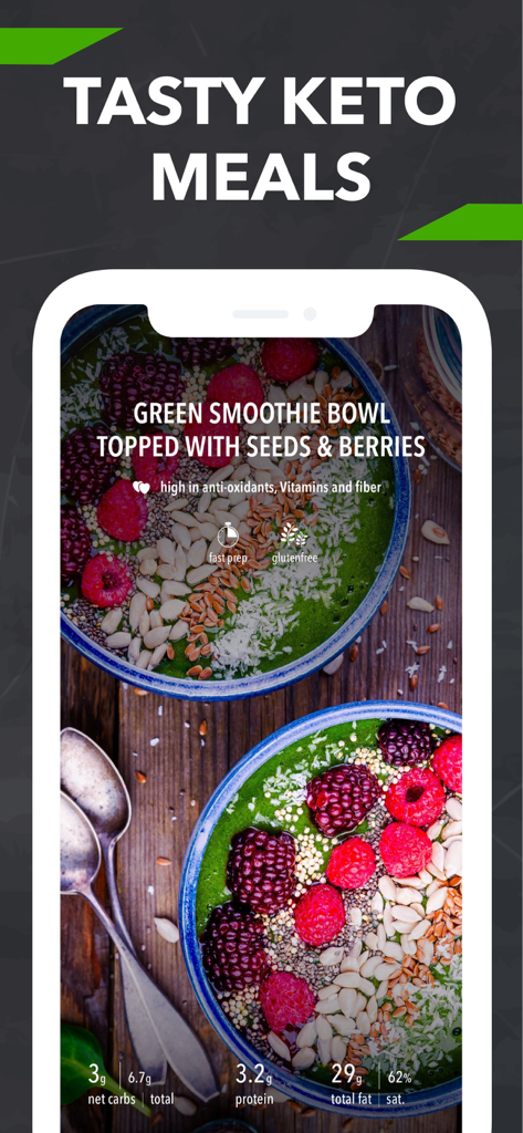 Screenshot of a keto green smoothie bowl recipe with berries and macro nutritional info