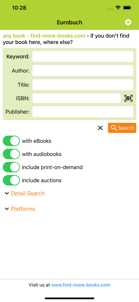 Pantalla de búsqueda de la aplicación Find-More-Books con campos para autor, título e ISBN, además de filtros para eBooks y audiolibros