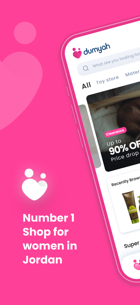 Dumyah - Online Shopping - The home screen of the Dumyah mobile app featuring a 90 percent off clearance banner and shopping categories.