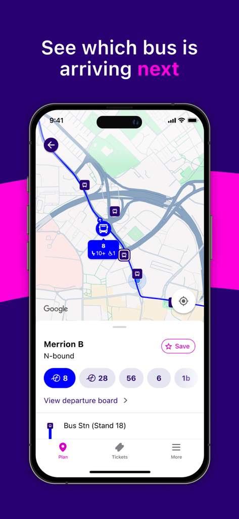 First Bus mobile app screen showing a live map with bus icons and real-time arrival information for a bus stop