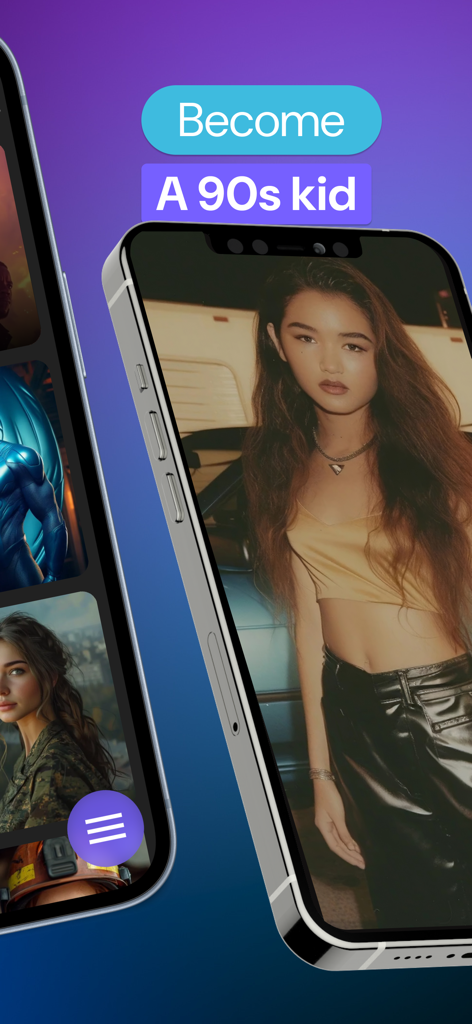 Smartphone screen showing the FaceFlip AI app with a retro 90s kid style face swap filter