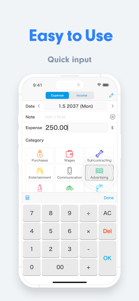 Pantalla de entrada rápida de gastos de la aplicación de contabilidad Small Biz Budget con iconos de categoría y teclado numérico