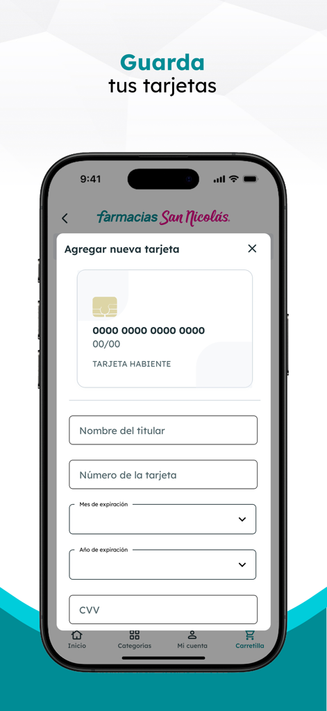 Die Benutzeroberfläche der Farmacias San Nicolas App zum Hinzufügen einer neuen Kreditkarte