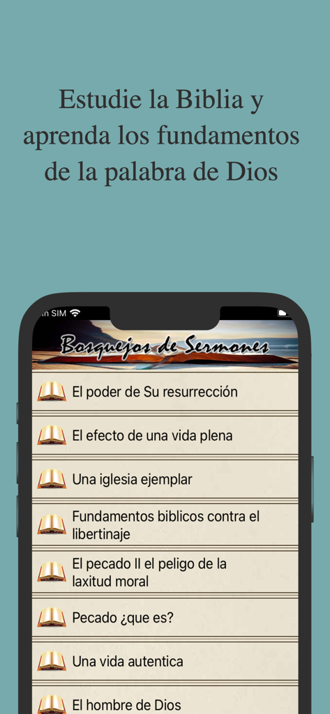 Estudios Bíblicos Evangélicos - Lista de bosquejos de sermones en español dentro de la interfaz de la aplicación Estudios Bíblicos Evangélicos